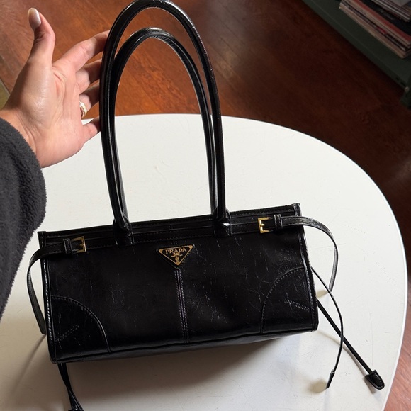 Prada Handbags - Prada Black Leather Double-Handle Satchel with Gold Hardware